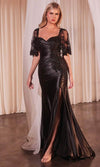 Load image into Gallery viewer, Wholesale Satin Evening Gown with Embroidered Sheer Capelet &amp; High Slit Formal Dress By LARS499