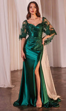 Load image into Gallery viewer, Wholesale Satin Evening Gown with Embroidered Sheer Capelet &amp; High Slit Formal Dress By LARS499