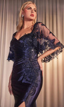 Load image into Gallery viewer, Wholesale Satin Evening Gown with Embroidered Sheer Capelet &amp; High Slit Formal Dress By LARS499