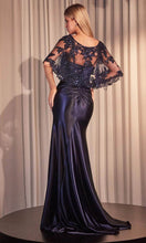Load image into Gallery viewer, Wholesale Satin Evening Gown with Embroidered Sheer Capelet &amp; High Slit Formal Dress By LARS499
