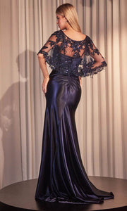 Wholesale Satin Evening Gown with Embroidered Sheer Capelet & High Slit Formal Dress By LARS499