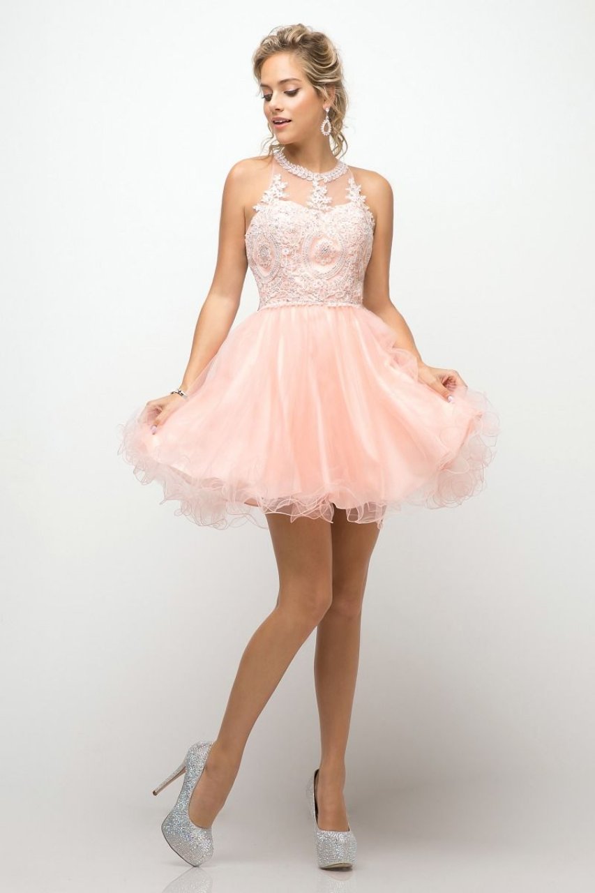 LA Merchandise LARUJ0119 Lace Halter Short A-Line Homecoming Dress - BLUSH - Dress LA Merchandise