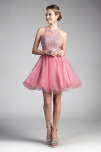 LA Merchandise LARUJ0119 Lace Halter Short A-Line Homecoming Dress - ROSE - Dress LA Merchandise