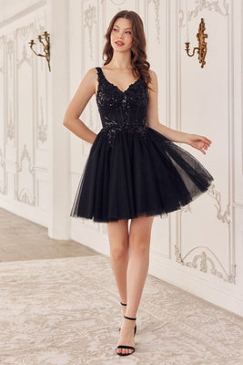LA Merchandise LARY019 Beaded Corset Bodice Tulle A-Line Hoco Dress - BLACK - Dress LA Merchandise