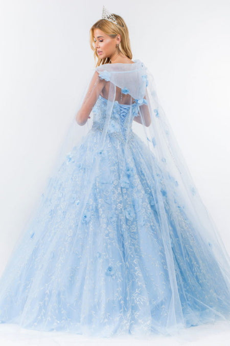 LA Merchandise LAS1939 3D Floral Applique Quince Ball Gown w/ Hooded Mesh Cloak - - Dress LA Merchandise
