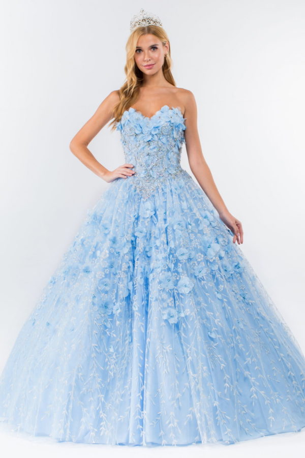 LA Merchandise LAS1939 3D Floral Applique Quince Ball Gown w/ Hooded Mesh Cloak - BABY BLUE - Dress LA Merchandise