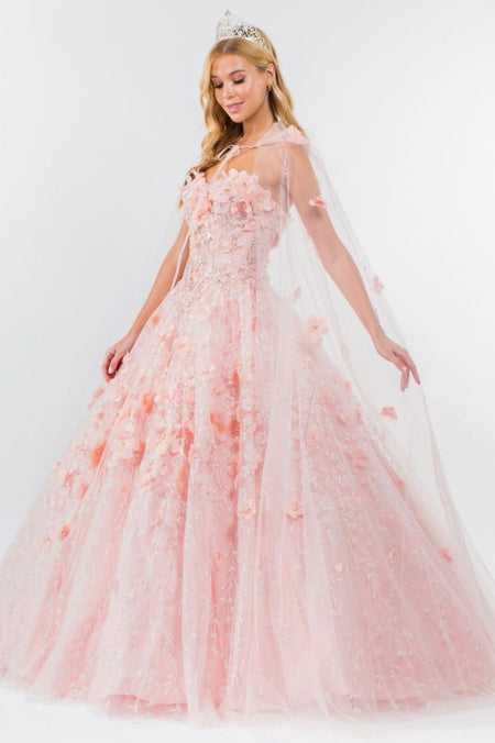LA Merchandise LAS1939 3D Floral Applique Quince Ball Gown w/ Hooded Mesh Cloak - BLUSH - Dress LA Merchandise