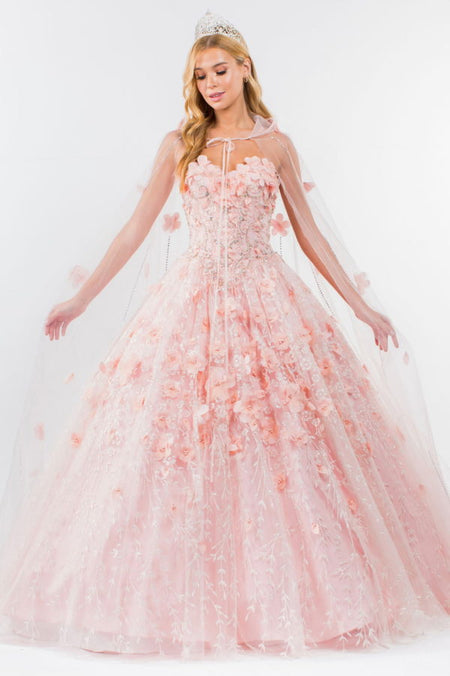 LA Merchandise LAS1939 3D Floral Applique Quince Ball Gown w/ Hooded Mesh Cloak - - Dress LA Merchandise