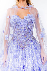 LA Merchandise LAS1939 3D Floral Applique Quince Ball Gown w/ Hooded Mesh Cloak