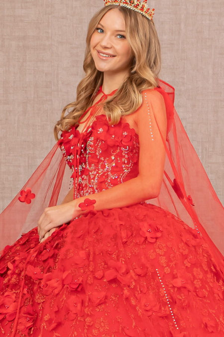 LA Merchandise LAS1939 3D Floral Applique Quince Ball Gown w/ Hooded Mesh Cloak - - Dress LA Merchandise