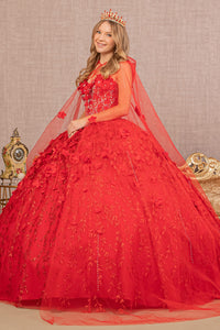 LA Merchandise LAS1939 3D Floral Applique Quince Ball Gown w/ Hooded Mesh Cloak - RED - Dress LA Merchandise