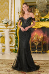 Load image into Gallery viewer, Wholesale Off-Shoulder Beaded Prom Dress Fitted V-Neck Evening Gown with Sweep Train by LAS3667 - BLACK - Long Formal Dresses LAS