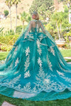 Load image into Gallery viewer, Wholesale Strapless Beaded Corset Gold Lace Appliqué Glitter Tulle Ballgown with Cape by LAS3671 - - Quinceanera Dress LAS