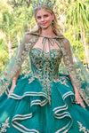 Load image into Gallery viewer, Wholesale Strapless Beaded Corset Gold Lace Appliqué Glitter Tulle Ballgown with Cape by LAS3671 - - Quinceanera Dress LAS