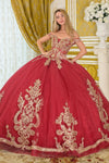 Load image into Gallery viewer, Wholesale Off-Shoulder Beaded Illusion Corset Lace Appliqué Glitter Tulle Ballgown Quinceañera Gown by LAS3673 - BURGUNDY GOLD - Quinceanera Dress LAS