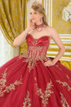 Load image into Gallery viewer, Burgundy Wholesale Strapless Corset Embroidery &amp; Sequin Appliques Glitter Ball Gown by LAS3675