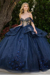 Load image into Gallery viewer, Wholesale Off-Shoulder Beaded Sweetheart Neckline Floral Applique Glitter Tulle in Navy by LAS3676