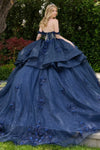 Load image into Gallery viewer, Wholesale Off-Shoulder Beaded Sweetheart Neckline Floral Applique Glitter Tulle in Navy by LAS3676