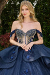Load image into Gallery viewer, Wholesale Off-Shoulder Beaded Sweetheart Neckline Floral Applique Glitter Tulle in Navy by LAS3676