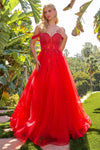 Load image into Gallery viewer, LAS3682 Wholesale Off-Shoulder Glitter Tulle Beaded Corset Bodice Gown with High Slit Prom Dress - RED - Long Prom Dress LAS