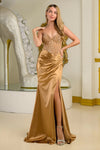 Load image into Gallery viewer, LAS3694 Wholesale Spaghetti Straps Satin Prom Dress with Beaded Corset Bodice Side Slit &amp; Train - GOLD - Long Prom Dress LAS