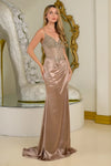 Load image into Gallery viewer, Wholesale Sleeveless Corset Prom Dress Jewel Satin Fitted Gown with Sheer Mesh Bodice by LAS3696 - MOCHA GOLD - Long Formal Dresses LAS
