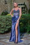 Load image into Gallery viewer, Wholesale Sleeveless Corset Prom Dress Jewel Satin Fitted Gown with Sheer Mesh Bodice by LAS3696 - SMOKY BLUE - Long Formal Dresses LAS
