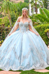 Load image into Gallery viewer, Wholesale Off-Shoulder Corset Quinceañera Ball Gown with Detachable Cape &amp; Back Bow by LAS3707 - BLUE SILVER - Quinceanera Dress LAS