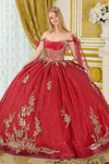 Load image into Gallery viewer, Wholesale Off-Shoulder Glitter Tulle Corset Dress with Embroidery &amp; Detachable Bow by LAS3710 - BURGUNDY - Quinceanera Dress LAS
