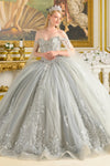 Load image into Gallery viewer, LAS3711 Silver Wholesale Off-Shoulder Quinceañera Dress with Sweetheart Neckline &amp; Detachable Bow