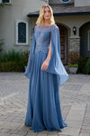 Load image into Gallery viewer, Wholesale Illusion Bateau Neck Beaded Bodice A-Line Chiffon Cape Evening Formal Gown by LAS3736 - SMOKY BLUE - Mother of he Bride Dress LAS