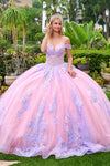 Load image into Gallery viewer, Wholesale Off-Shoulder Beaded Illusion Corset Glitter Tulle Bow Back Ball Gown by LAS3753 - LILAC - Quinceanera Dress LAS
