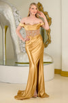 Cargar imagen en el visor de la galería, LAS3783 Wholesale Off-Shoulder Satin Prom Dress with Beaded Corset Bodice Lace-Up Back &amp; High Slit - GOLD - Long Prom Dress LA Merchandise