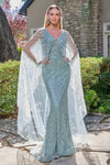 Load image into Gallery viewer, LAS3835 Gray Blue Wholesale Sequin Fitted Gown with Cape Sleeves V-Neck Mother of the Bride Dress - - Mother of the Bride Dress LAS