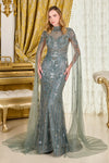 Cargar imagen en el visor de la galería, LAS3836 Wholesale Gray Green Beaded Sequin Mother of the Bride Dress with High Neck Cape Sleeves