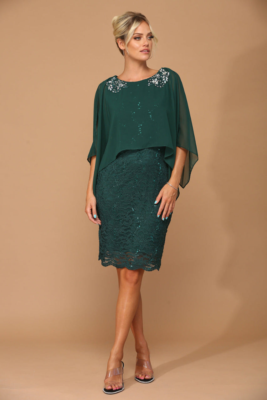 LA Merchandise LAV3296 Short Mother of Bride Knee Length Lace Dress - HUNTER GREEN - Dress LA Merchandise