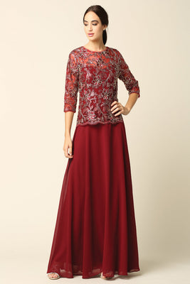 LA Merchandise LAV3377 Metallic Embroidered A-Line Formal Dress - BURGUNDY - Dress LA Merchandise