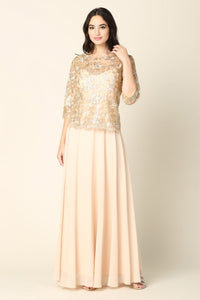 LA Merchandise LAV3377 Metallic Embroidered A-Line Formal Dress - CHAMPAGNE - Dress LA Merchandise