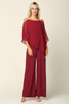 Load image into Gallery viewer, LA Merchandise LAV3381 Detailed Chiffon Cape on Stretch Jersey Jumpsuit - BURGUNDY - Dress LA Merchandise