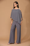 Load image into Gallery viewer, LA Merchandise LAV3381 Detailed Chiffon Cape on Stretch Jersey Jumpsuit - CHARCOAL - Dress LA Merchandise