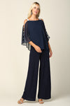 Load image into Gallery viewer, LA Merchandise LAV3381 Detailed Chiffon Cape on Stretch Jersey Jumpsuit - NAVY - Dress LA Merchandise