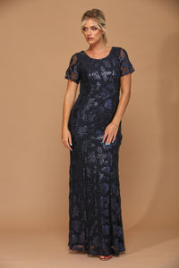 LA Merchandise LAV3456 Short Sleeve Mother of the Bride Sequin Gown - NAVY - Dress LA Merchandise