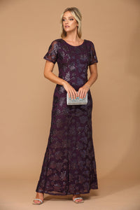 LA Merchandise LAV3456 Short Sleeve Mother of the Bride Sequin Gown - PLUM - Dress LA Merchandise