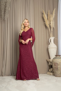 LA Merchandise LAV3471 Lace V-Neck MOB Dress W/ Cowl Back - BURGUNDY - Dress LA Merchandise