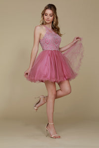 LA Merchandise LAXB652 Halter Fit & Flare Short Bridesmaids Dress - ROSE - LA Merchandise