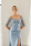 Load image into Gallery viewer, Wholesale Off-Shoulder Illusion Scoop Neck 3/4 Sleeve Sequin Embroidered Trumpet Gown by LAXMD156 - - Dress LAX