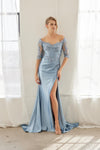 Load image into Gallery viewer, Wholesale Off-Shoulder Illusion Scoop Neck 3/4 Sleeve Sequin Embroidered Trumpet Gown by LAXMD156 - BLUE - Dress LAX