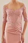 Load image into Gallery viewer, Wholesale Off-Shoulder Illusion Scoop Neck 3/4 Sleeve Sequin Embroidered Trumpet Gown by LAXMD156 - - Dress LAX