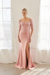 Load image into Gallery viewer, Wholesale Off-Shoulder Illusion Scoop Neck 3/4 Sleeve Sequin Embroidered Trumpet Gown by LAXMD156 - ROSE GOLD - Dress LAX
