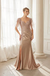Load image into Gallery viewer, Wholesale Sweetheart Flutter Sleeve Beaded Lace Trumpet Gown with Slit &amp; Sweep Train by LAXME148 - MOCHA GOLD - Dress LAX